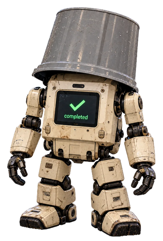 Unsupervised Agent, a weathered cream robot wearing a metal bucket as a hat, its chest screen showing a green check and the word completed