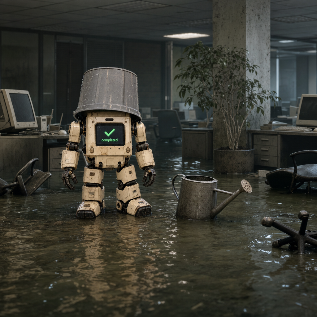 The robot standing ankle-deep in a flooded office beside a watering can and a surviving ficus, chairs overturned, screen showing completed